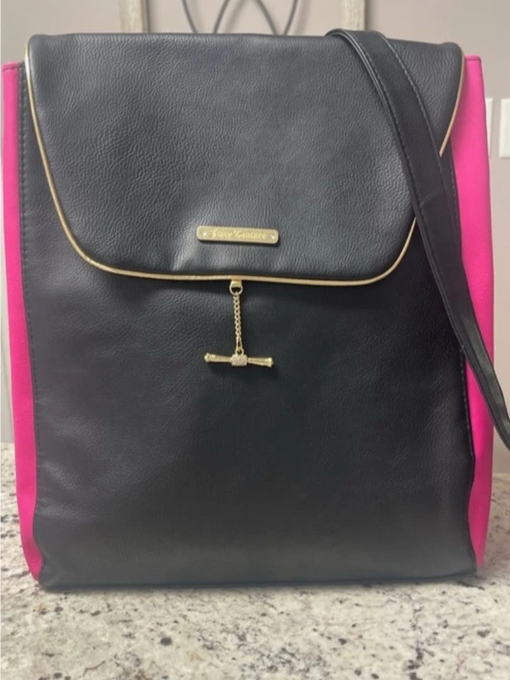 Juicy Couture Black and Hot Pink Backpack with Gold Chain Accent